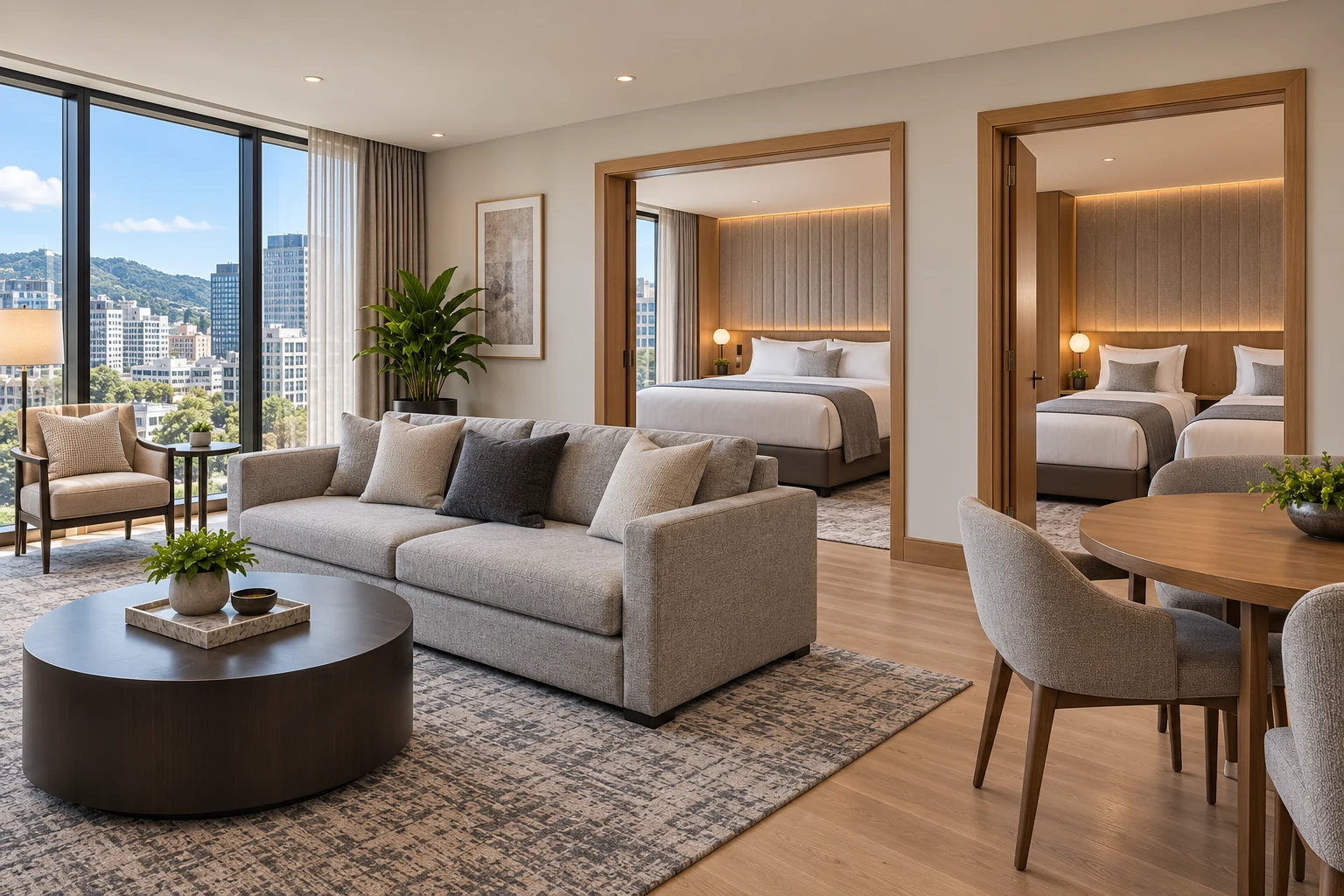 Two-bedroom Suite, one king bed, two single beds and one single sofa bed.